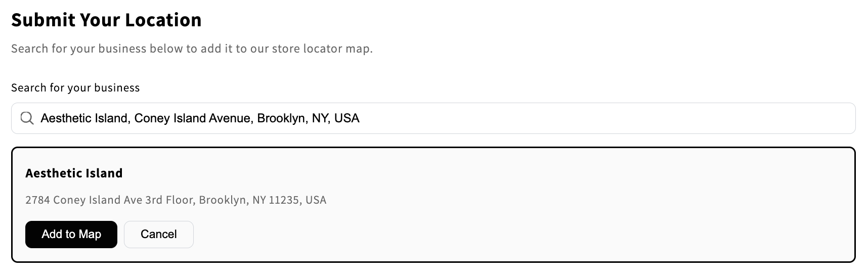 The Submit Your Location form showing a search result with the business name, address, and Add to Map button.