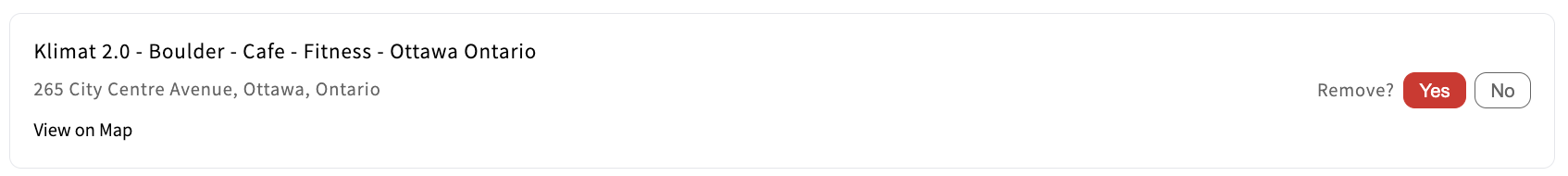 A submitted location card showing the Remove confirmation with Yes and No buttons.