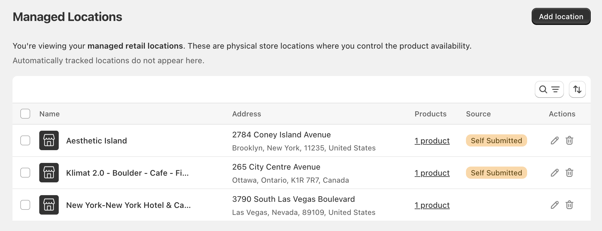 The Locations page in the StoreLocators admin showing locations with yellow Self Submitted badges in the Source column.