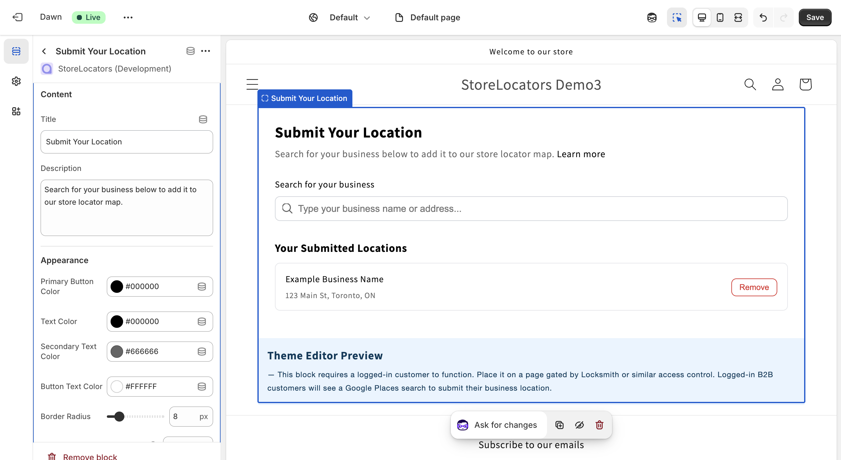 The Shopify theme editor showing the Submit Your Location block with customization settings for title, description, colors, and border radius.