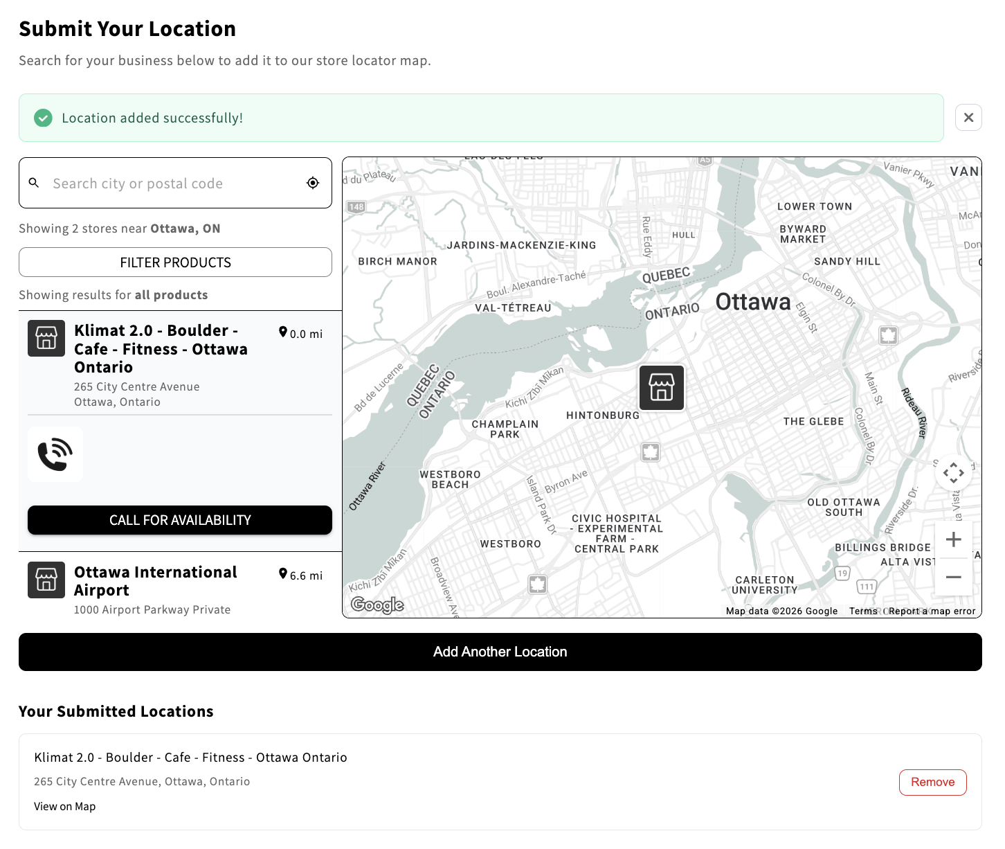 The retailer-facing Submit Your Location page after a successful submission, showing the success banner, map preview with store pin, and the submitted location listed below.