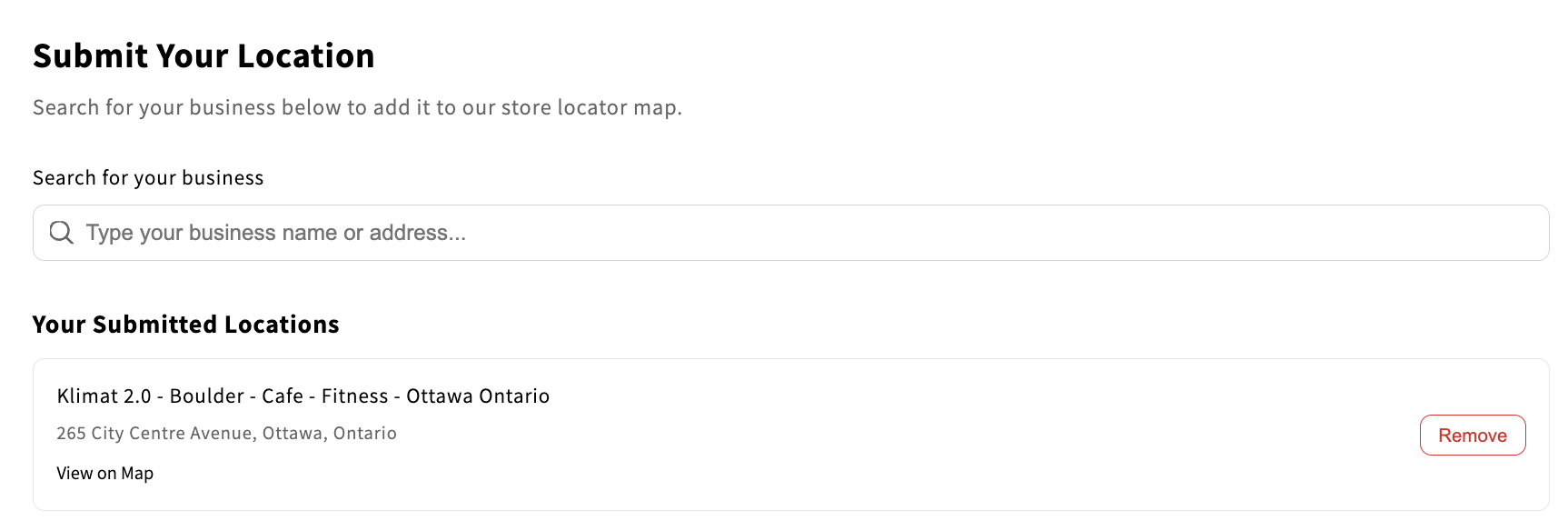 The Your Submitted Locations section showing a submitted business with its name, address, View on Map link, and Remove button.